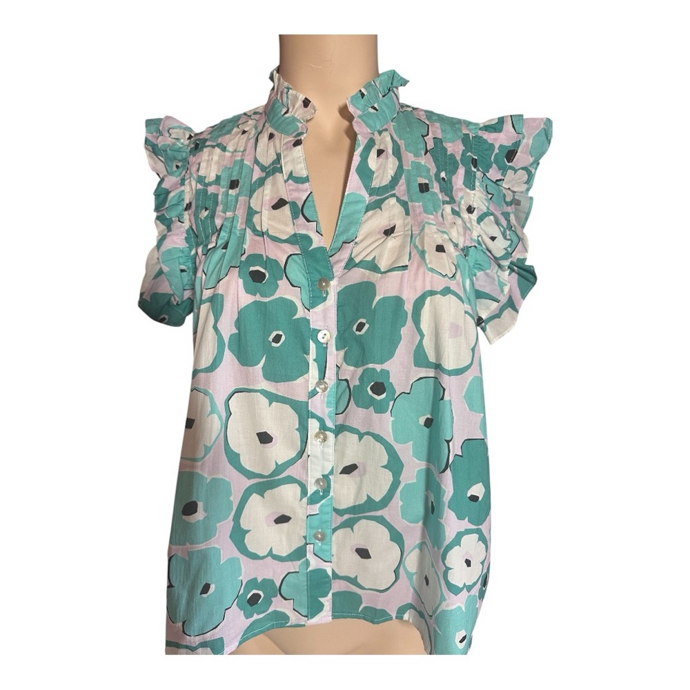 Pinch Teal, Pink, White Floral Blouse with Ruffle Sleeves, Size L (264)